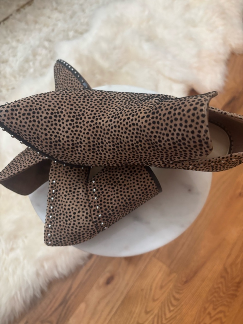 Gianni Bini Tan and Black Pointed Mule Flats with Silver Stud Accents